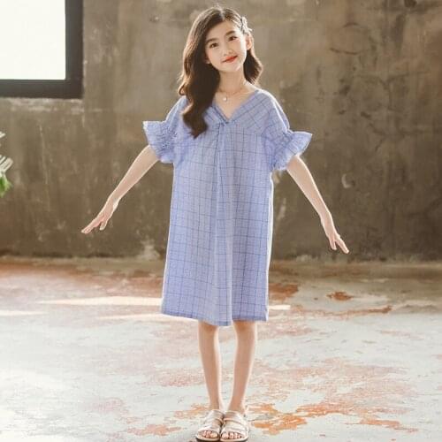 Summer Girls Dress Cotton V Neck Princess Costume Short Sleeve Kids Dresses for Girl Children Clothing 4 6 8 10 12 14 Years