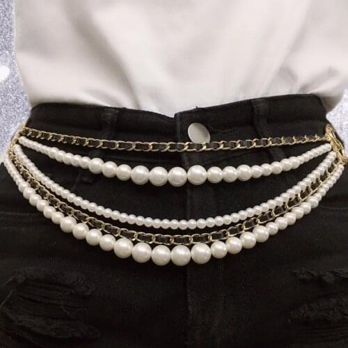 Fashion luxury brand party jewelry mark letter C chain pearl wrist real leather cord muti layer waistband belt