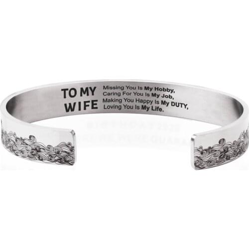 TO MY WIFE Graduation Season Stainless Steel Carved Stainless Steel Open Bangle 10mm Wave Bracelet Good Friend Gift 1pcs