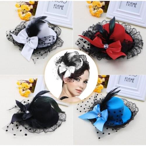 New Style Women Bow Hair Clips Lace Feather Mini Top Hat Fancy Fascinator Party F42F