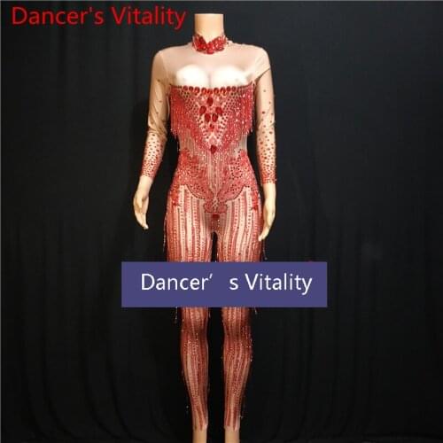 New Women Singer DJ DS Long Sleeve Red Elastic Slim Fit Tassel Diamond Long Body Suit Pole Jazz Stage Wear Club Party Outfits