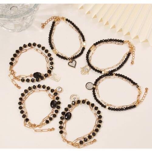 New Arrival Geometric Hollow Out Bead Bracelet Womens Double Set Auger Crystal Beads Heart Alloy Bracelet Jewelry for Girls