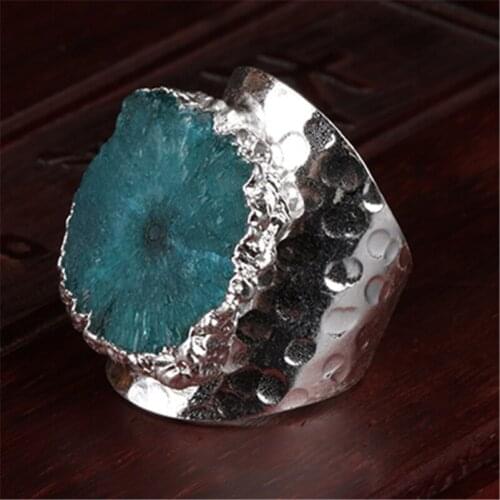 Polished lake blue geode crystal stone slice bead charm open metal wide wrap hammered resizable ring cuff for woman man