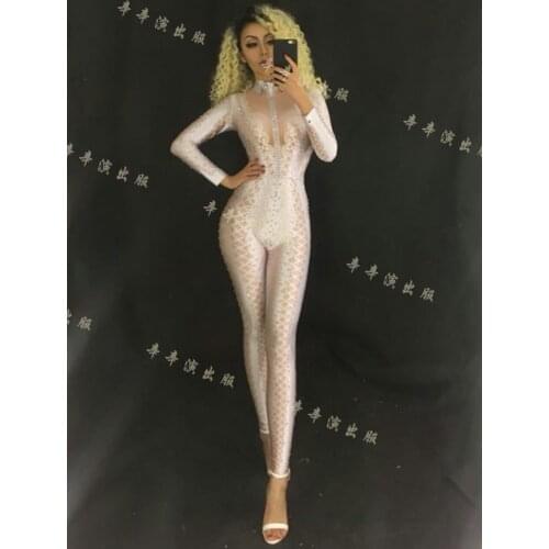 Nightclub Bar Female Singer Dress Dj Ds Guest Gogo Sexy Lace Print Adult Long Sleeve One-piece Stage Costumes Rhinestones Dress