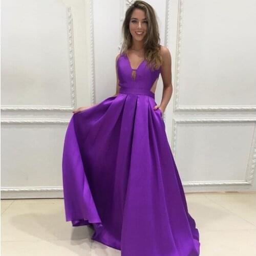 Simple A-Line Satin Long Evening Dresses Party Gowns With Pocket V-Neckline Sleeveless Open Back Purple Prom Party Dresses 2020