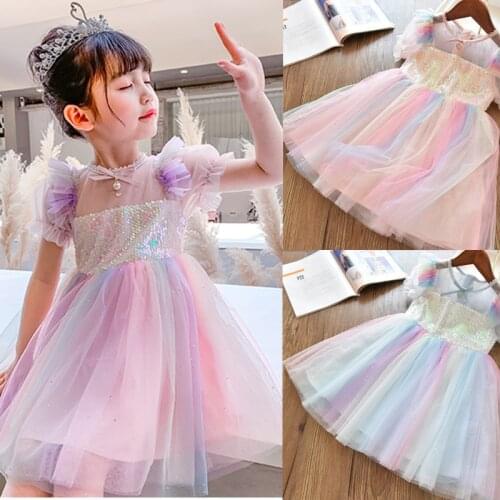 Rainbow Princess Party Dresses Kids Summer Dress Sequins Baby Girls Birthday Clothes Elegant Wedding Gown Children' s Clothing