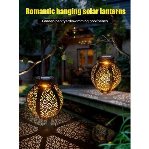Retro Bronze Hollow Hanging Solar Lanterns Lights With Handle Outdoor Waterproof Garden LED Lamp Decor For Yard Tree Road