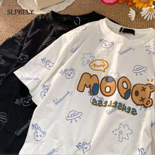 SLPBELY Harajuku Bear T-shirt Women Vintage Casual Short Sleeve O-neck Oversized Girls Tees Tops Street Clothing Plus Size 2021