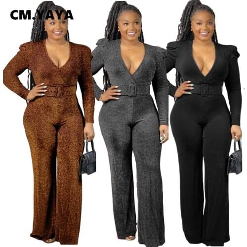 CM.YAYA with Sashes High Waist V-neck Puff Sleeve Straight Elastic Jumpsuit Women One Piece Overall Romper 2021 Spring winter