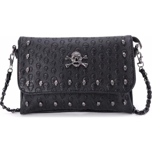 THINKTHENDO Vintage Leather Women Rivet Gothic Skull Bag Female Solid Chain Messenger Crossbody Shoulder Bag Soft Women Black