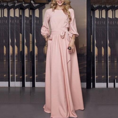 Vintage Bow Tie Long Pink Dress Women Lantern Sleeve Elegant Frenulum Dress 2021 Autumn New Solid O Neck Boho Floor Length Dress