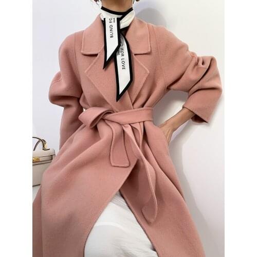 High-end vitality pink black mid-length suit tie tie double-sided cashmere coat woolen coat female Korean