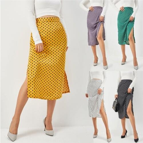 Womens Midi Skirts 2021 Slim Split Satin Sexy Hip Skirt High Waist Mid Length Zipper Dotted Long Skirt Straight OL Skirt BSQ186