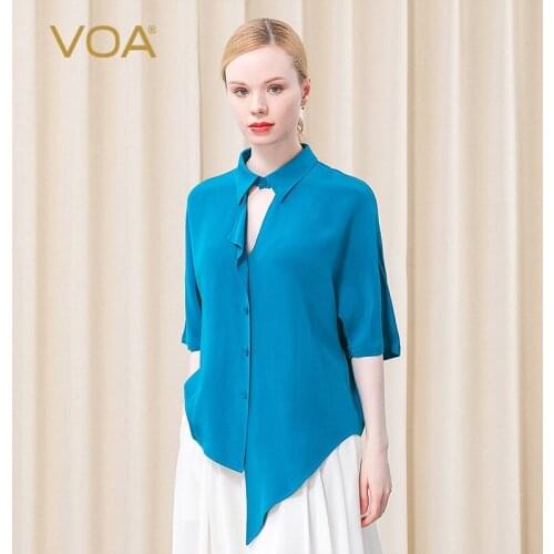 VOA Silk Polo-Neck Ruffles Half Sleeve Office Lady Blouse Womens Tops BE565 Button Up Shirt Blusas Mujer De Moda 2021 Verano