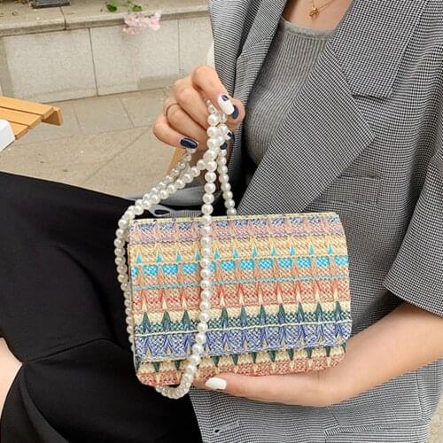 Womens Bag Bohemian Style Woven Crossbody Shoulder Bags for Women Ladies Summer Beach Vacation Pearl Chain Shopper Handbags