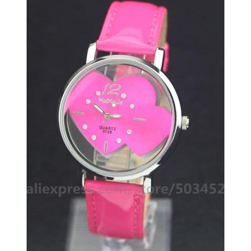 100pcs/lot Womage 9729-2 Women Watch Cute Wristwatch PU Belt Cute Watches Zirconia Hollow Two Heart Face Curren For Boy Girl