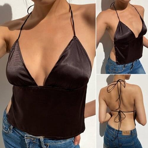 Vintage Satin Tops Women Backless Rave Sexy Girl Clothes Sleeveless V Neck Lace Up Halter Cami Tops