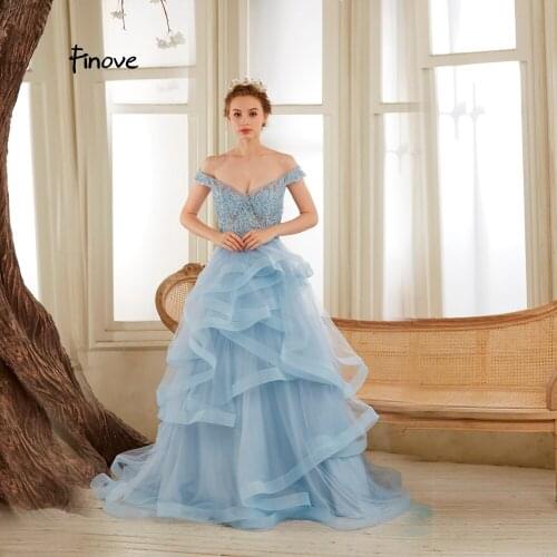 Finove Prom Dress Long 2020 Woman Dresses Blue Tulle Ruffles Embroidery Beading Floor Length Party Dress Gowns Robe de soiree