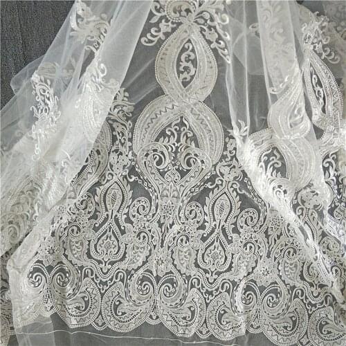 1 Yard Sequins Mesh Fabric Vintage Venice Lace Fabric Off White Tulle Floral Embroidered Bridal Wedding