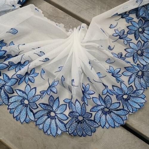 14Meters Blue Flowers Tulle Mesh Fabric Lace Trim Embroidery Sewing Crafts Doll Material Lace Edge Skirt Lingerie Underwear Bra