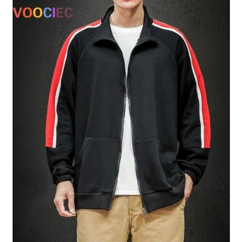 VOOCIEC 2020 Keep warm autumn winter Side Sriped Zipper Coat Hip Hop Japanese Streetwear Harajuku Sweatshirts Black Hoodie Men