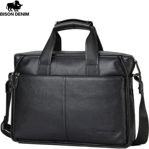 BISON DENIM Cowskin Genuine Leather Mens Briefcase Large Capacity Laptop Soft Messenger Bag Busniss Black Handbag N2237-3