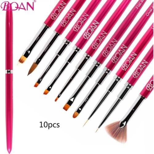 BQAN 9/10 PCS Nail Art Brush UV Gel Extension Brush Rose Red Handle Liner Painting Brush Liner Drawing Nail Brushes Nails Tools