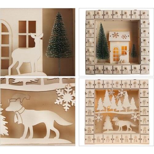Christmas Tree Wooden Advent Calendar Countdown Decoration 24 Drawers with LED Light Ornament