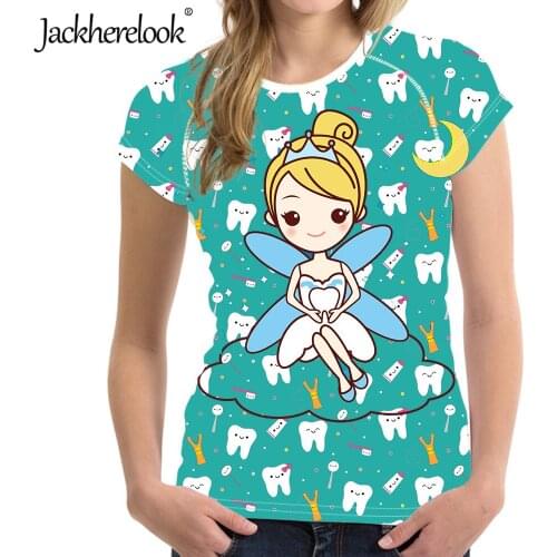 Jackherelook Green/Purple Cartoon Dental Fairy Designer T Shirts Short Sleeve Harajuku Tees O-neck Woman Dentist Tshirt Lady Top