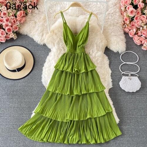 Gagaok High Street Cami Dress Women 2021 Spring Autumn New V-Neck Ruffles Solid Midi Party Dresses Korean Fashion Chic Vestidos