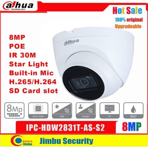 Dahua IP Camera POE 8MP IPC-HDW2831T-AS-S2 H.265/H.264 Built-in Mic Built-in IR LED max IR distance 30m WDR, 3D DNR IP67