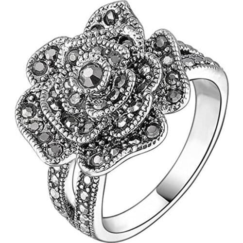 Classics Black Rose Ring With CZ Micro Pave Christmas New Year Party Jewelry Vintage Flower Rings For Women Wholesale Lots Bulk