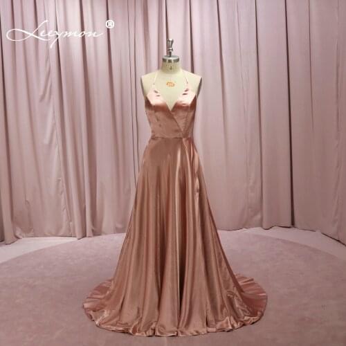 Leeymon A-Line Satin V Neck Evening Dress Sweetheart Strapless Pink Backless Long Evening Gown Vestido De Festa Floor-Length