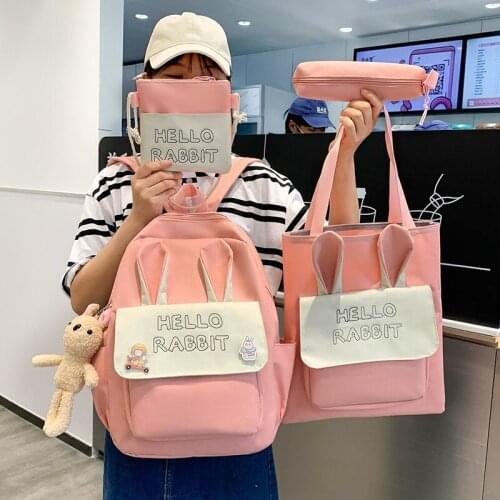 Kawaii Women School Backpack 4 Pcs Set School Bags For Girls Canvas Bookbag Childrens Schoolbag Ladies Travel Bag 2021