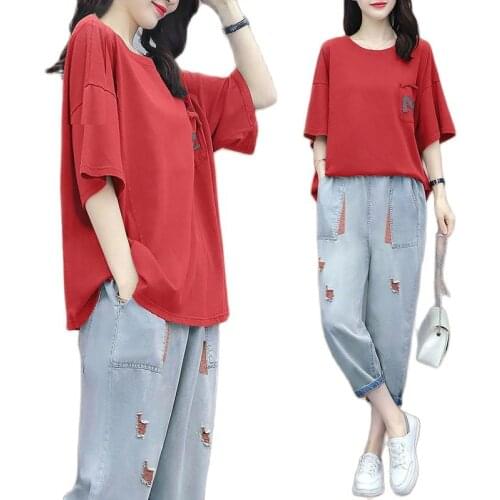 Fashion Plus Size Womens Clothing Cotton Jeans Suit Summer 2021 New Loose Sports Suit Slim And Casual Two Piece Set Women