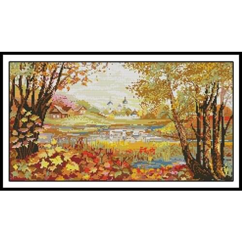 Beautiful View of Lake for Needlework and Handicrafts Cross Stitch Embroidery Kits DIY Handmade Cross-stitch Printed on Canvas