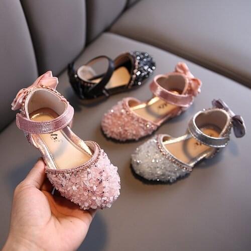 2021 New Kids Girls Rhinestone Flats Princess Black Party Dance Shoes Spring Summer Girls Bow Shoes