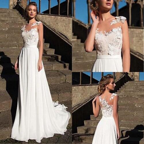 Charming Chiffon Scoop A-Line Wedding Dress Illusion Design Sleeveless with Appliques Bridal Gowns Cheap Wedding Dress