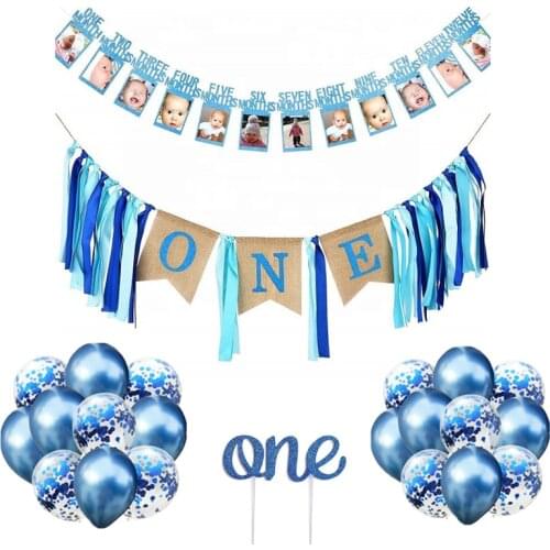 Baby Boy First ONE Years old Birthday Party decor supplies Blue ONE High Chair Banner Photo Bunting Cake Topper Balloons Kit
