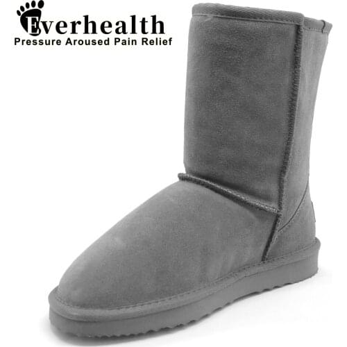 Basic Winter Snow Boots for Women Sheepskin Suede Leather Mid-calf Slip on Shearling Fur Boots Rubber Sole Flats Solid Grey