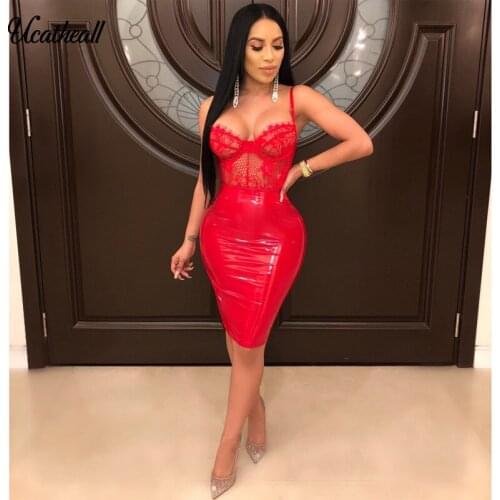 Sexy Women Bandage Bodycon Leather Pu Dress Patchwork Lace Perspective Club Dress Spaghetti Straps Lace Summer Dresses