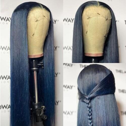 Dark Blue Color Wig 100%Human Hair Silky Straight Transparent 13*4 Lace Front Wig with Baby Hair Bleached Knots For Black Women
