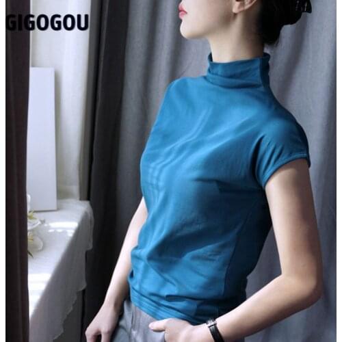 GIGOGOU Elegant Short Sleeve T-shirt Women High Street Summer Tops Tee Shirt 95% Cotton Tshirt Korean Turtleneck Female Tops 3XL