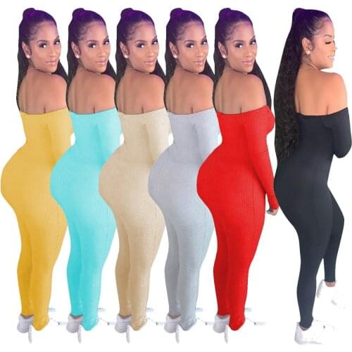 In Stock Off Shoulder Long Sleeve Stretchy Leggings Ribbed Solid Color Women Casual Ladies Bodycon Rompers Jumpsuit