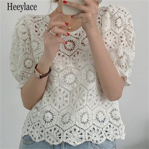 Retro Femme Chic Hook Flowers Sunscreen 2021 Lace Hot Pullovers Blouses Summer Short Sleeves Women Casual Tops Shirts