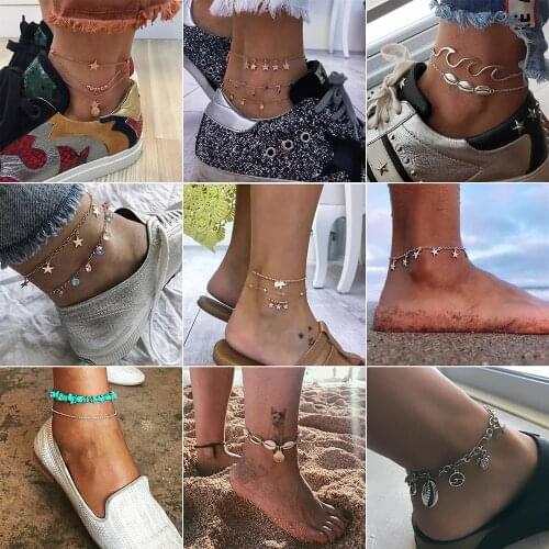 15 Styles Vintage Moon Star Shell Bells Crystal Multilayer Anklets for Women Gold/Silver Color Bohemian Bracelet Body Jewelry