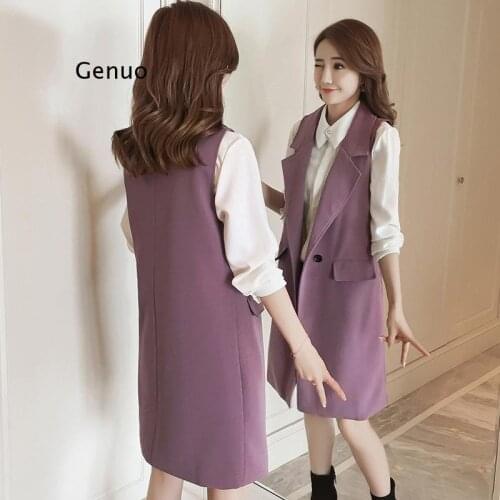 2021 New Spring Elegant Purple Womens Vest Office Lady Korean Long Sleeveless Jacket Fashion Slim Black Female Coat Veste Femme