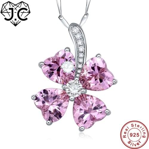 J.C Lucky Clover Design For Women/Lover Dating Ladys Heart Sparkling Pink Topaz Solid 925 Sterling Silver Necklace Fine Jewelry