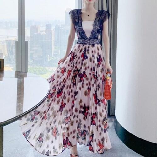 New arrival fashion korean style party dress women elegant summer sexy lace perspective temperament sweet pink print long dress