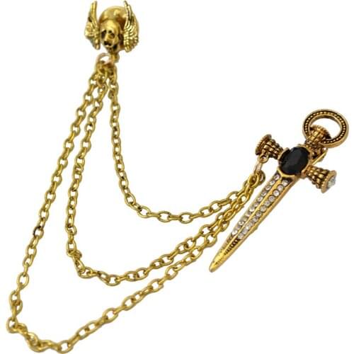Punk Style Gold Chain Fashion Brooch Pins Crystal Rhinestone Cross Skull Brooches For Women And Men Jewelry Vintage